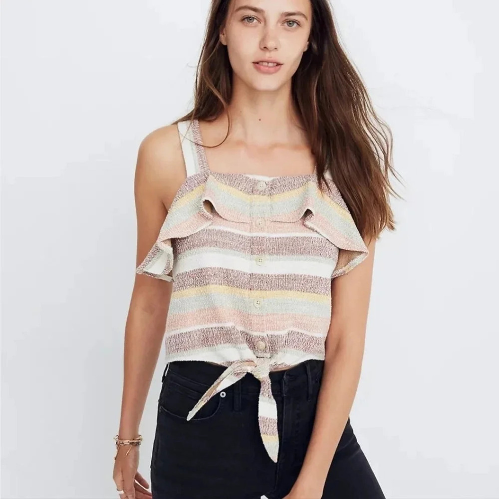 Madewell Texture & Thread Ruffle Striped Tie-Front Tank Top M